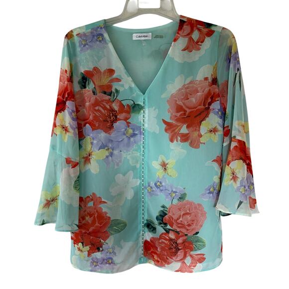 Calvin Klein Semi sheer double layer button blouse size L - Picture 1 of 11